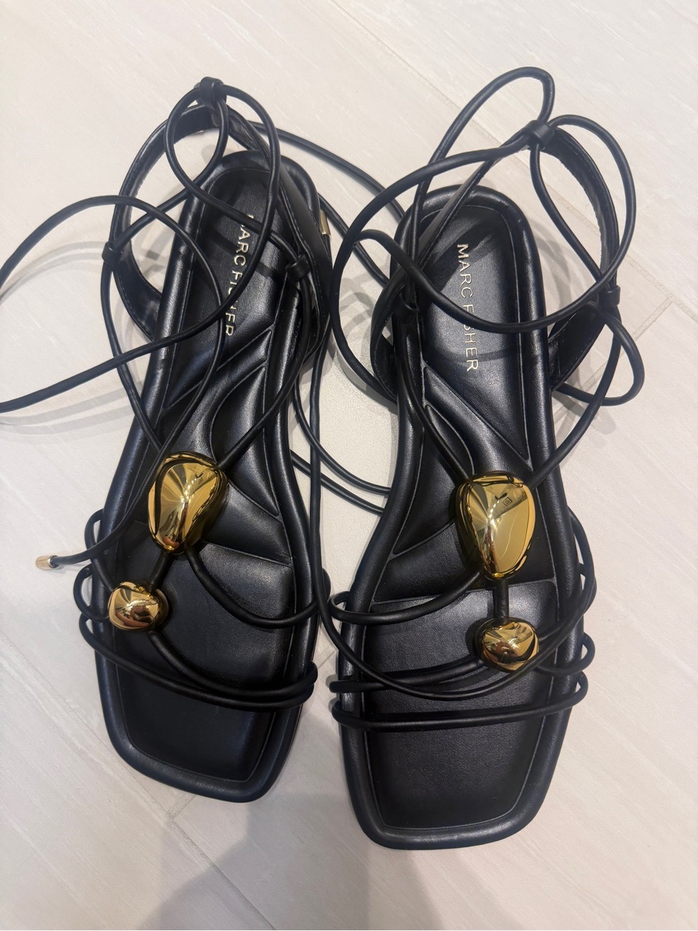 Marc Fisher Black Lace-Up Sandals with Gold Accents 8.5